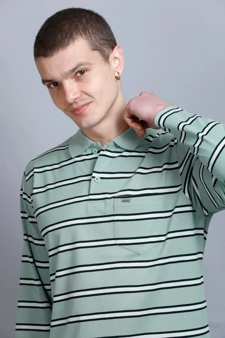 Ocean Green Striped Men Full Sleeve Men Polo T-Shirt With Pocket