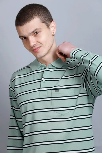 Ocean Green Striped Men Full Sleeve Men Polo T-Shirt With Pocket