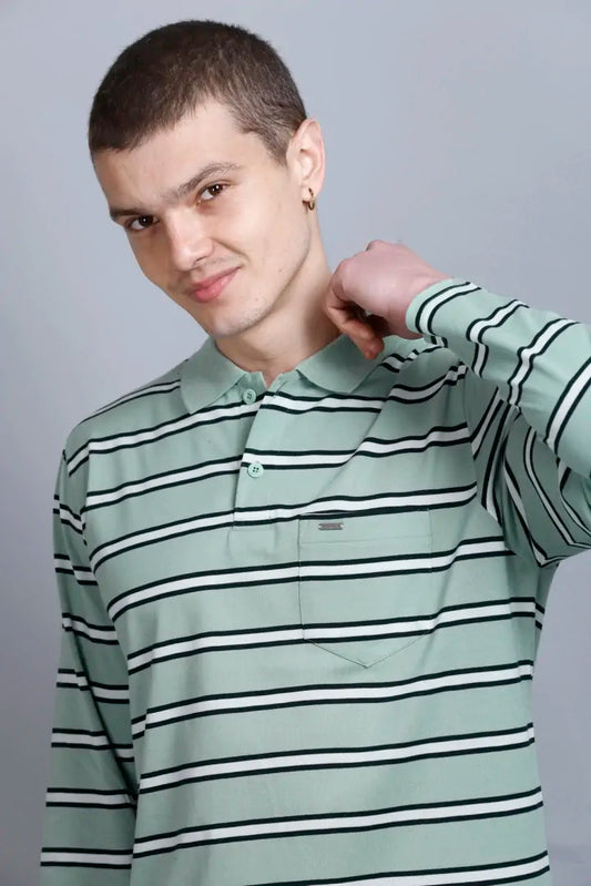 Ocean Green Striped Men Full Sleeve Men Polo T-Shirt With Pocket
