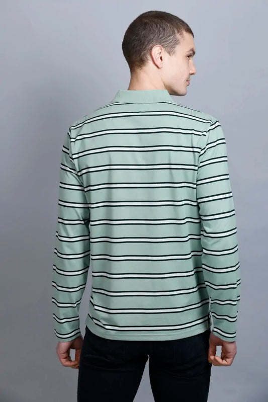 Ocean Green Striped Men Full Sleeve Men Polo T-Shirt With Pocket