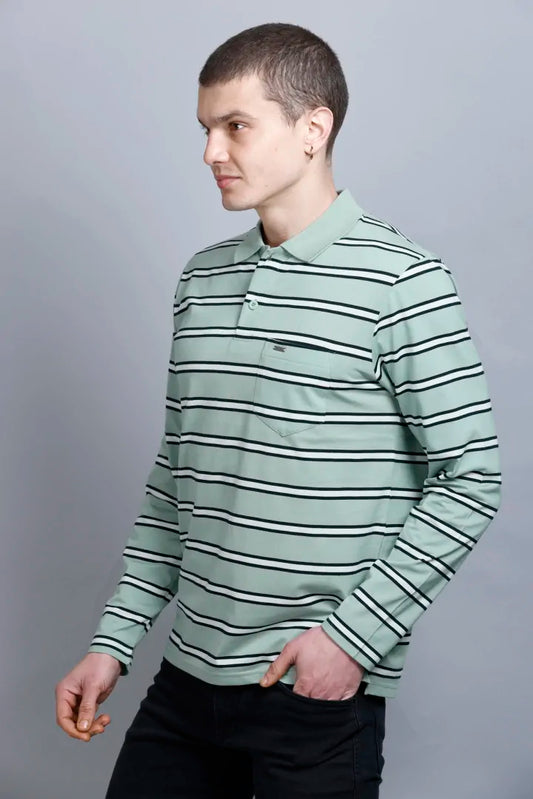 Ocean Green Striped Men Full Sleeve Men Polo T-Shirt With Pocket