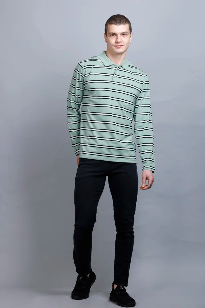 Ocean Green Striped Men Full Sleeve Men Polo T-Shirt With Pocket