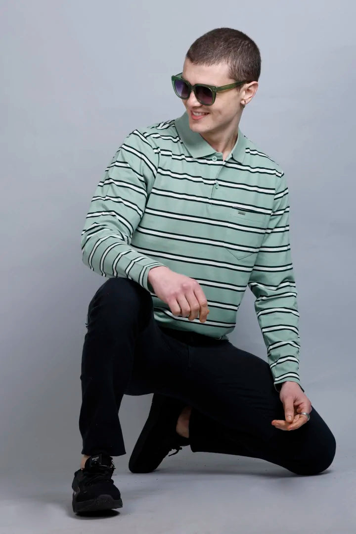 Ocean Green Striped Men Full Sleeve Men Polo T-Shirt With Pocket