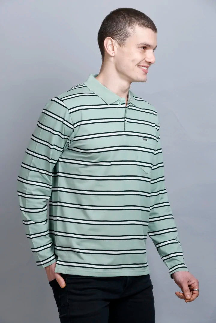 Ocean Green Striped Men Full Sleeve Men Polo T-Shirt With Pocket