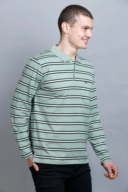 Ocean Green Striped Men Full Sleeve Men Polo T-Shirt With Pocket