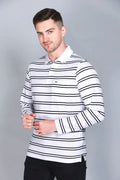 White Striped Cotton Full Sleeve polo neck tshirt for men