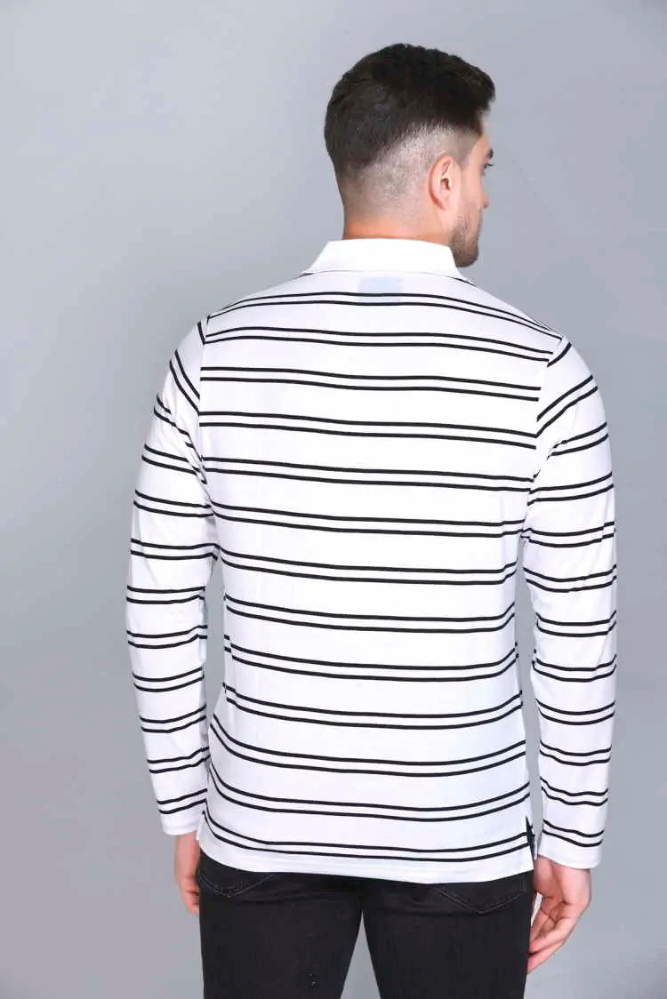 White Striped Cotton Full Sleeve polo neck tshirt for men