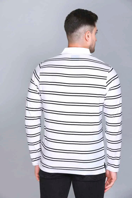White Striped Cotton Full Sleeve polo neck tshirt for men