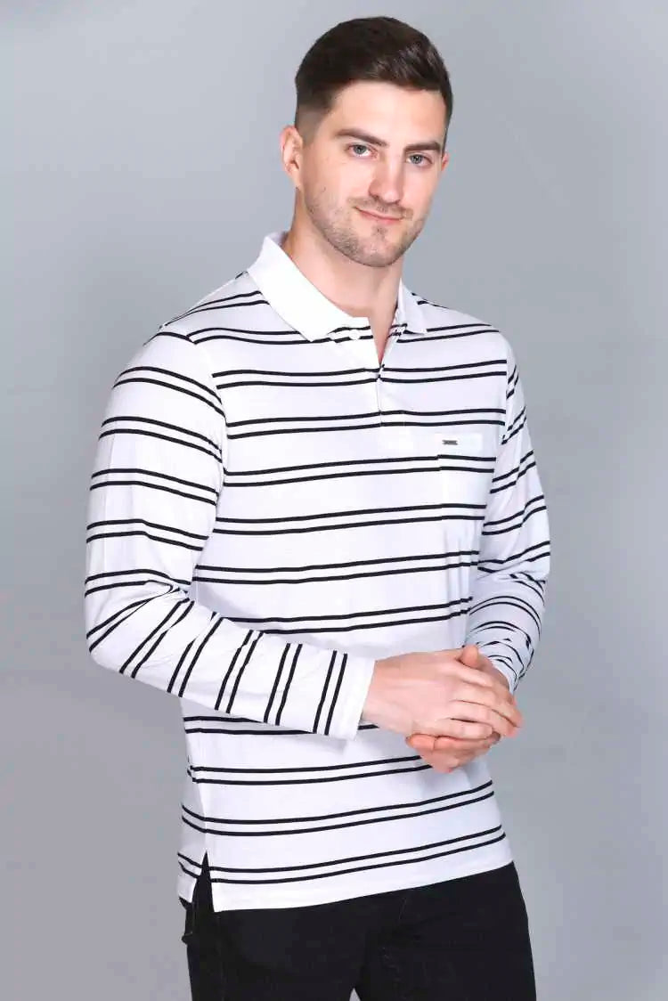 White Striped Cotton Full Sleeve polo neck tshirt for men
