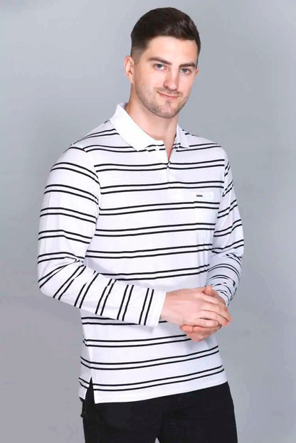White Striped Cotton Full Sleeve polo neck tshirt for men