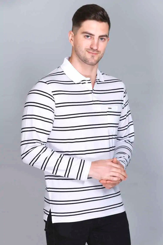 White Striped Cotton Full Sleeve polo neck tshirt for men