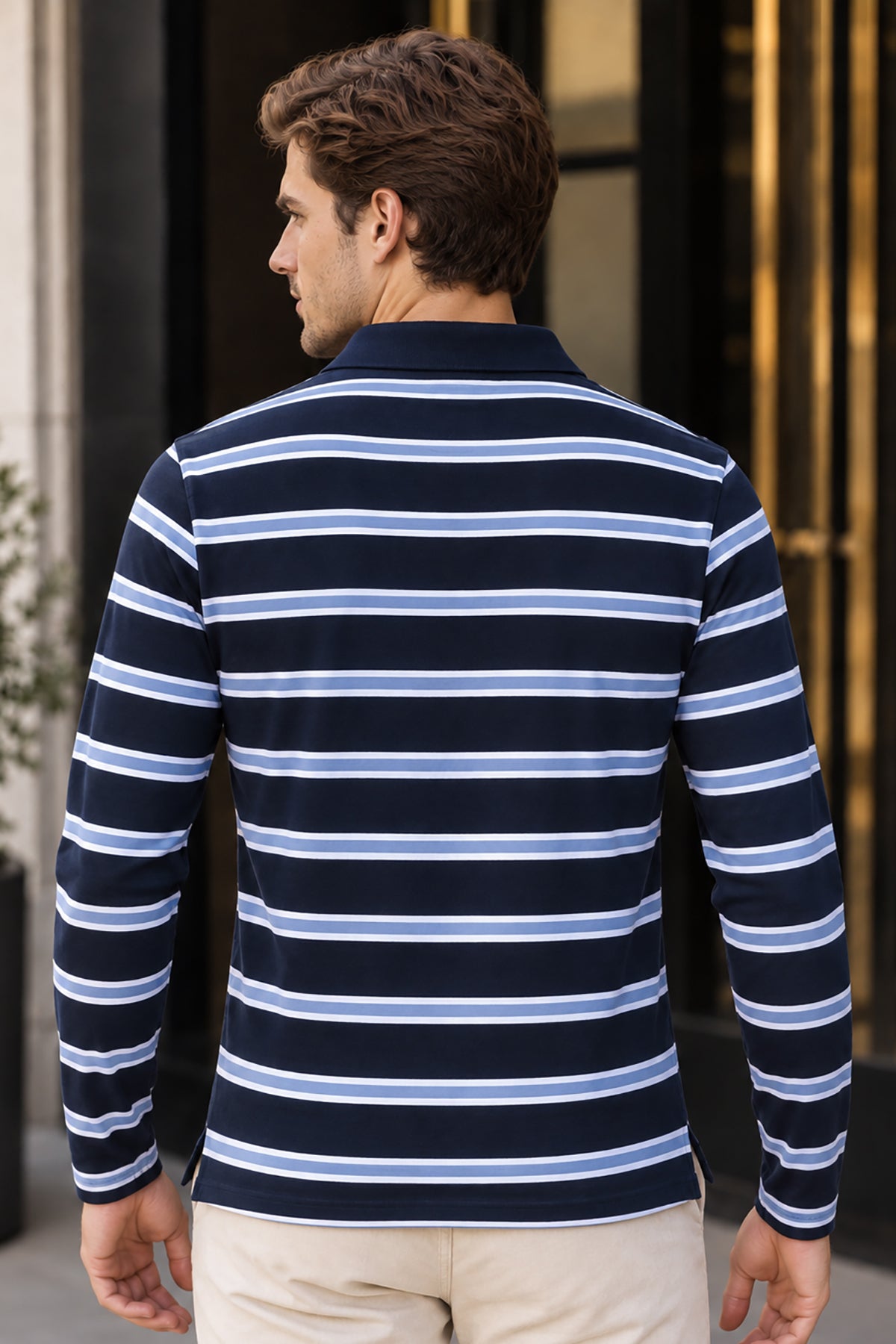 Striped Cotton Full Sleeve Polo Navy T Shirts for men