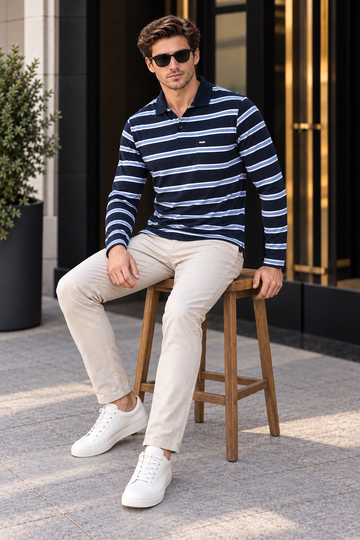 Striped Cotton Full Sleeve Polo Navy T Shirts for men