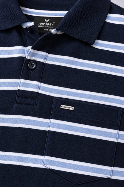 Striped Cotton Full Sleeve Polo Navy T Shirts for men