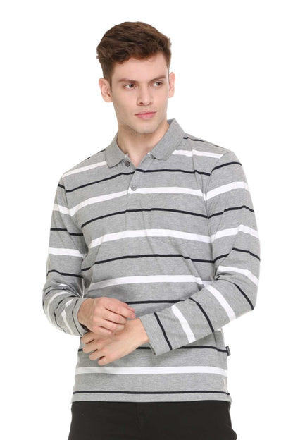 Light Grey Striped Men Full Sleeve Polo T-Shirt With Pocket