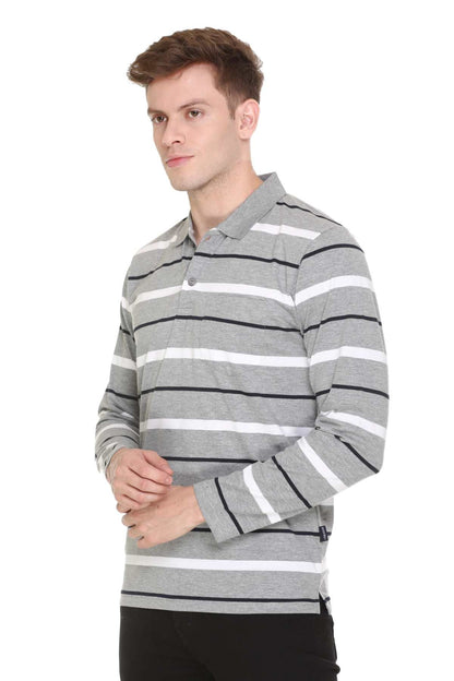 Light Grey Striped Men Full Sleeve Polo T-Shirt With Pocket