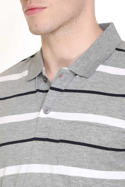 Light Grey Striped Men Full Sleeve Polo T-Shirt With Pocket