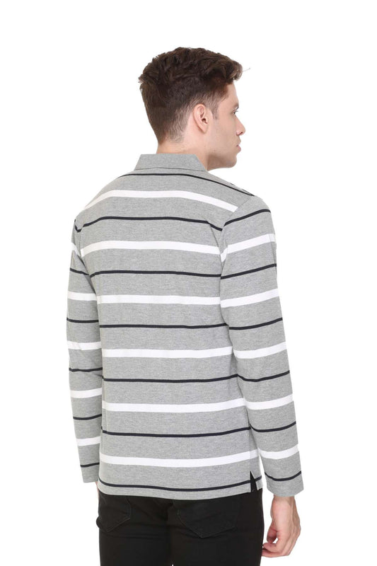 Light Grey Striped Men Full Sleeve Polo T-Shirt With Pocket