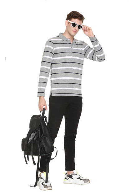 Light Grey Striped Men Full Sleeve Polo T-Shirt With Pocket