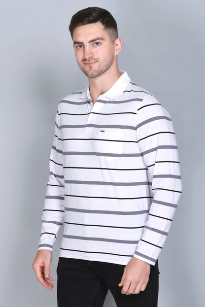 White Cotton Men Full Sleeve Polo Striped T Shirt With Pocket