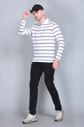 White Cotton Men Full Sleeve Polo Striped T Shirt With Pocket