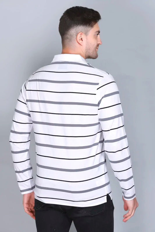 White Cotton Men Full Sleeve Polo Striped T Shirt With Pocket