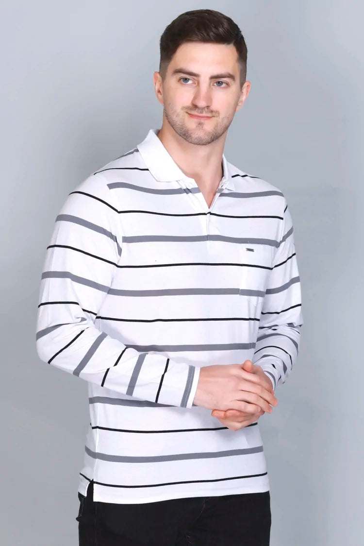 White Cotton Men Full Sleeve Polo Striped T Shirt With Pocket