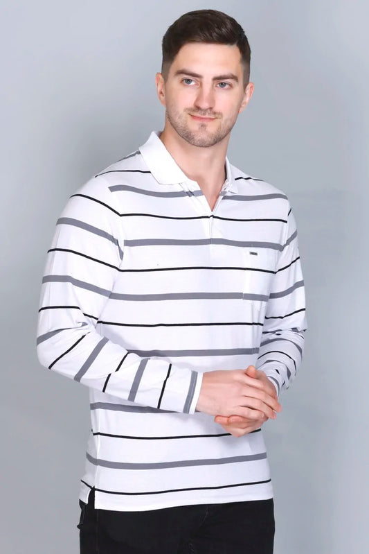 White Cotton Men Full Sleeve Polo Striped T Shirt With Pocket