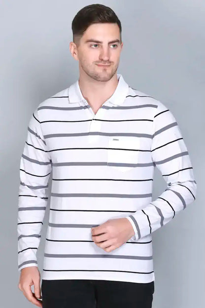 White Cotton Men Full Sleeve Polo Striped T Shirt With Pocket