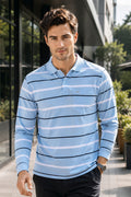 Sky Striped Cotton Full Sleeve Men Polo T Shirts With Pocket