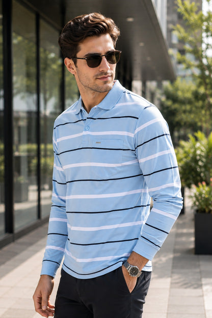 Sky Striped Cotton Full Sleeve Men Polo T Shirts With Pocket