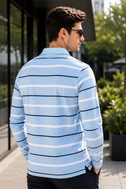 Sky Striped Cotton Full Sleeve Men Polo T Shirts With Pocket