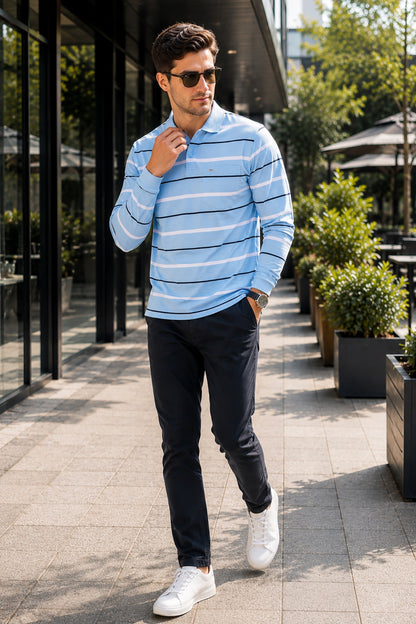 Sky Striped Cotton Full Sleeve Men Polo T Shirts With Pocket