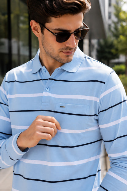 Sky Striped Cotton Full Sleeve Men Polo T Shirts With Pocket