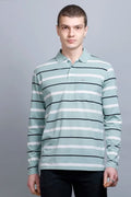 Ocean Green Striped Cotton Full Sleeve Men Polo T Shirts With Pocket