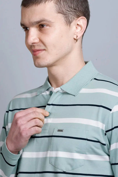 Ocean Green Striped Cotton Full Sleeve Men Polo T Shirts With Pocket