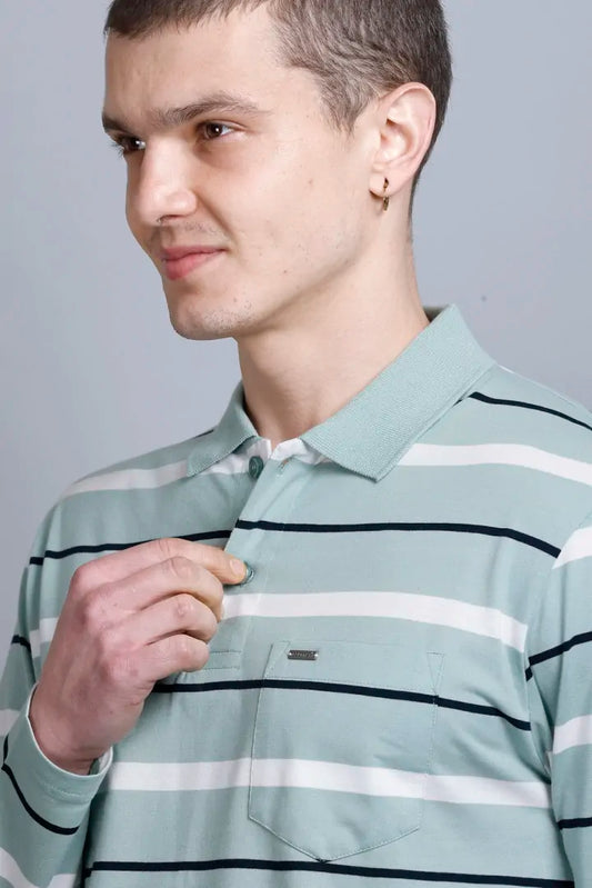 Ocean Green Striped Cotton Full Sleeve Men Polo T Shirts With Pocket