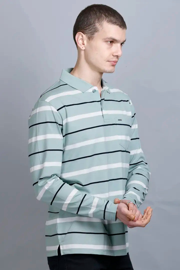Ocean Green Striped Cotton Full Sleeve Men Polo T Shirts With Pocket