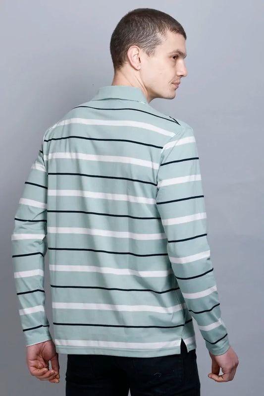 Ocean Green Striped Cotton Full Sleeve Men Polo T Shirts With Pocket