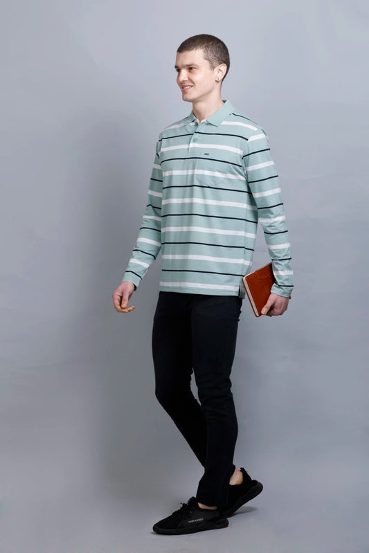 Ocean Green Striped Cotton Full Sleeve Men Polo T Shirts With Pocket