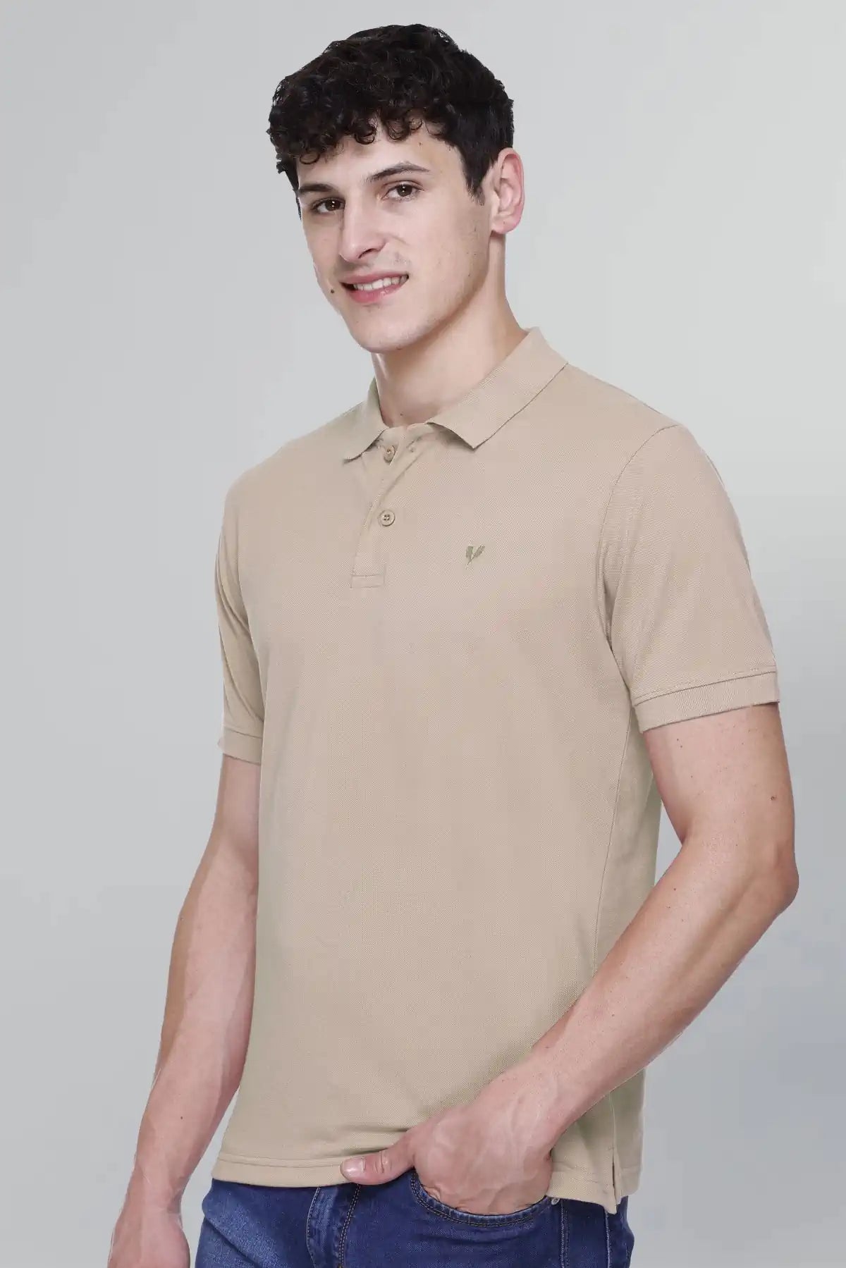 Beige Solid Polo Neck Cotton Half Sleeve T-Shirt for Men