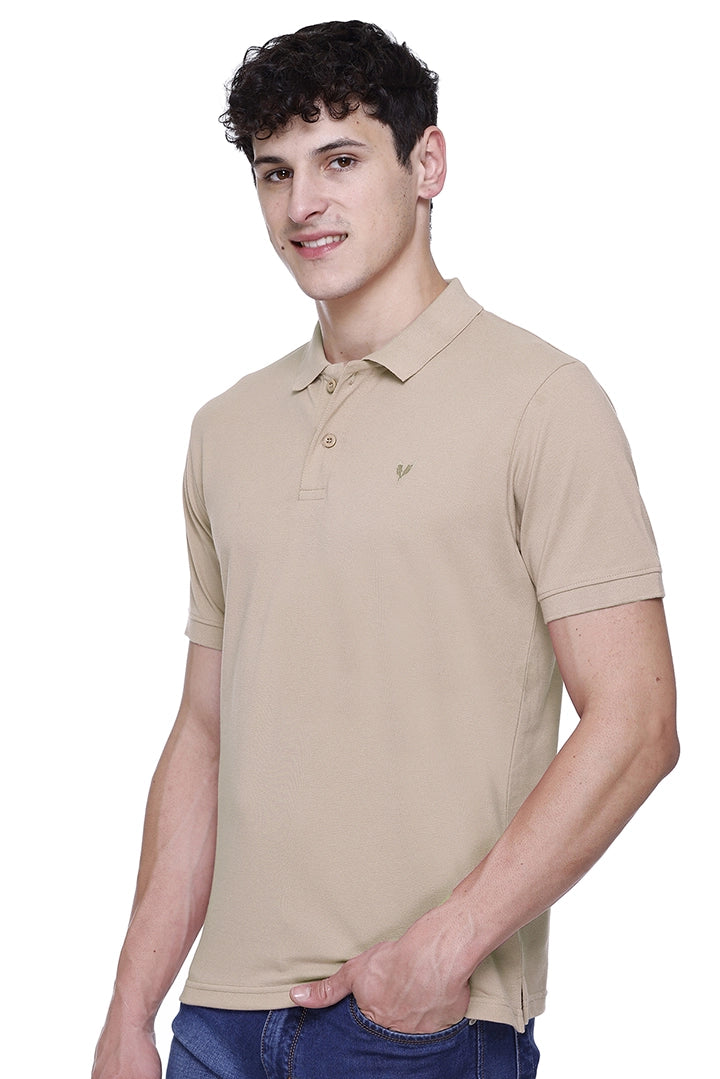 Beige Solid Polo Neck Cotton Half Sleeve T-Shirt for Men