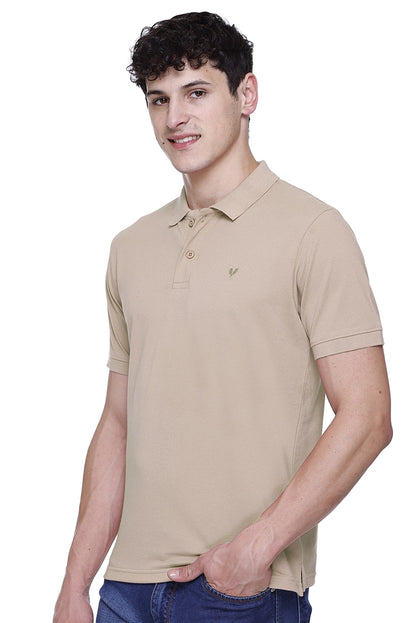 Beige Solid Polo Neck Cotton Half Sleeve T-Shirt for Men