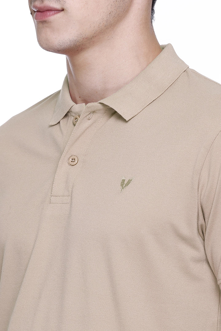 Beige Solid Polo Neck Cotton Half Sleeve T-Shirt for Men