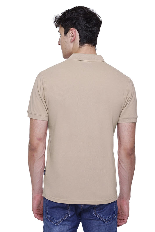Beige Solid Polo Neck Cotton Half Sleeve T-Shirt for Men