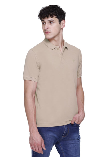 Beige Solid Polo Neck Cotton Half Sleeve T-Shirt for Men