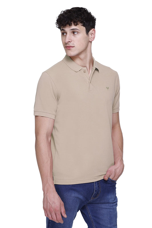 Beige Solid Polo Neck Cotton Half Sleeve T-Shirt for Men