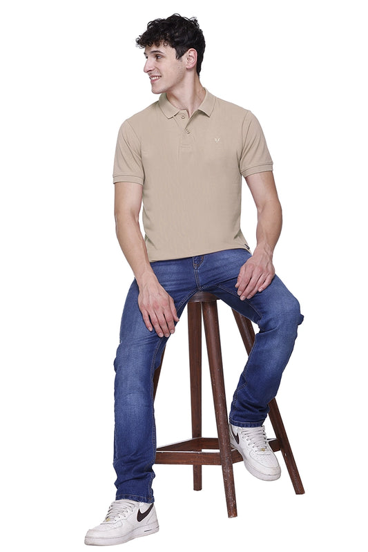 Beige Solid Polo Neck Cotton Half Sleeve T-Shirt for Men