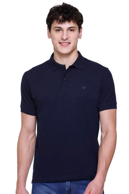 Navy Solid Half Sleeves Polo Neck Cotton T-Shirt for Men