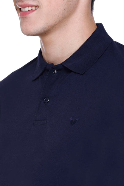 Navy Solid Half Sleeves Polo Neck Cotton T-Shirt for Men